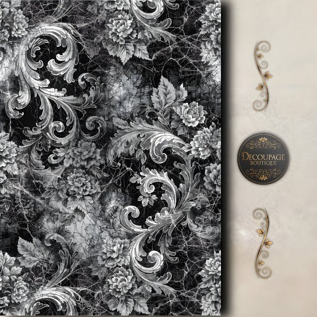 Seda Papel de Decoupage Floral em Preto e Prata (Black Silver Scroll Floral Decoupage Tissue Paper)