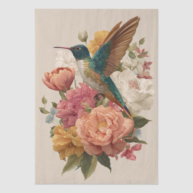 Seda Papel de Decoupage Tissue Beija-flor Floral (Frente )