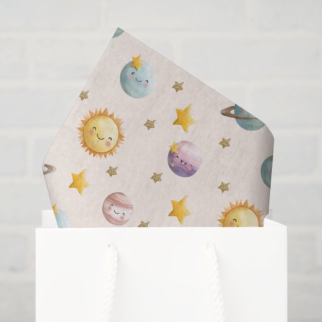 Seda Papel de Embrulho Espacial Fofo com Planetas e Est (Sacola de presentes)