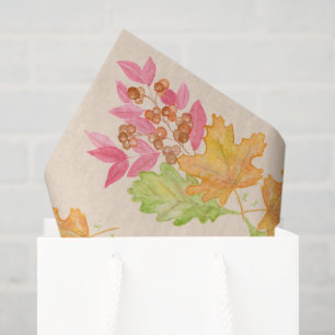 Seda Papel de Folhas e Frutas de Outono em Aquarela