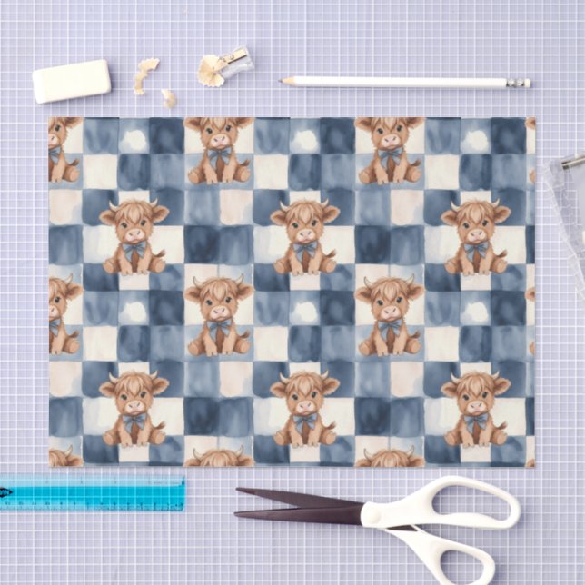 Seda Papel de Presente Cow Highland Xadrez Azul Fofo (Arte )