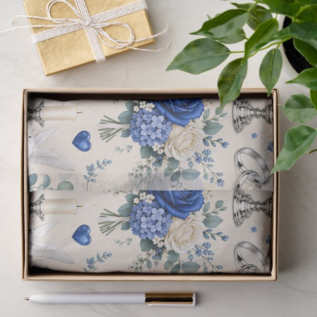 Seda Papel de Presente de Casamento Floral Dourado Azul (Presente)
