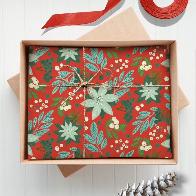 Seda Papel de Presente Floral Natal Vermelho (Christmas Red Floral Holiday Tissue Paper)