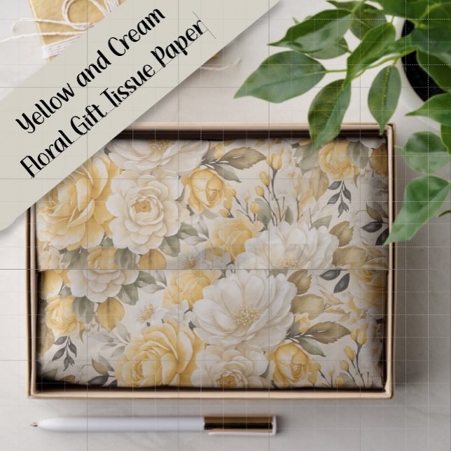 Seda Papel de Presente Floral Rosa Marfim Amarelo Aquar (Yellow and cream-colored watercolor floral gift wrapping tissue paper)