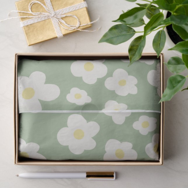 Seda Papel de seda, verde com flores brancas. (Presente)