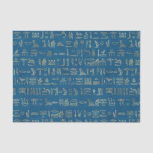 Seda Papel de Tecido Azul e Ouro de Hieróglifos Egípcio