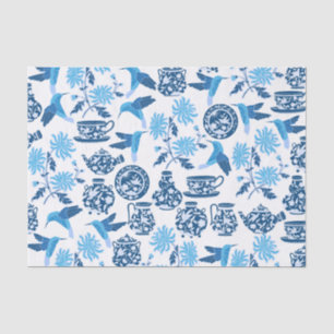 Seda Papel de Tecido Azul Hummingbird e Flores