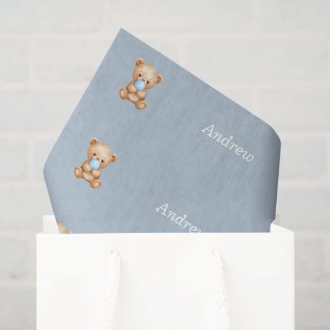 Seda Papel de Tecido Azul Teddy Bear, Nome Personalizad (Sacola de presentes)