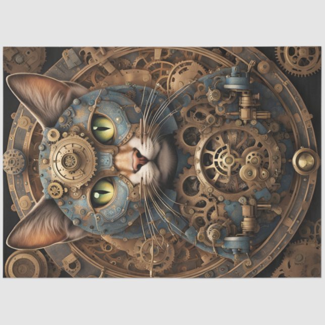 Seda papel de tecido de arte AI de gato steampunk (Frente )