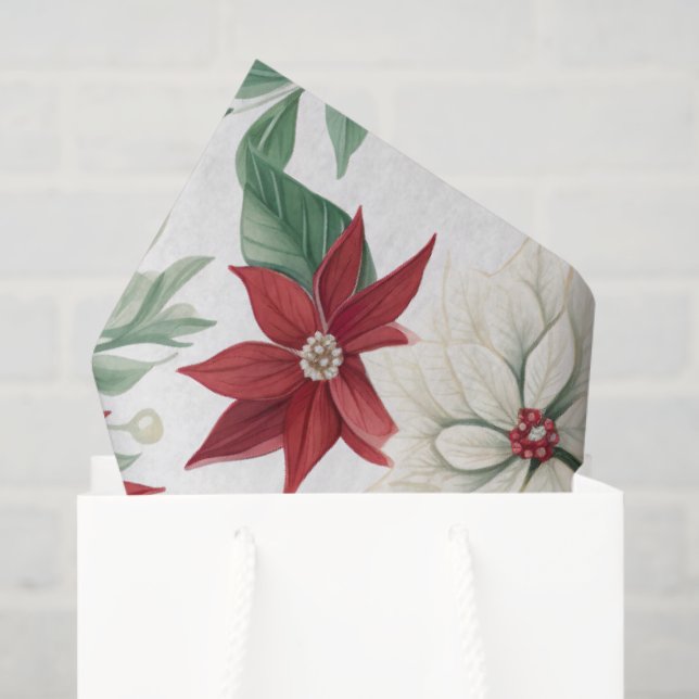 Seda Papel de Tecido de Férias Red & Ivory Poinsettia (Sacola de presentes)
