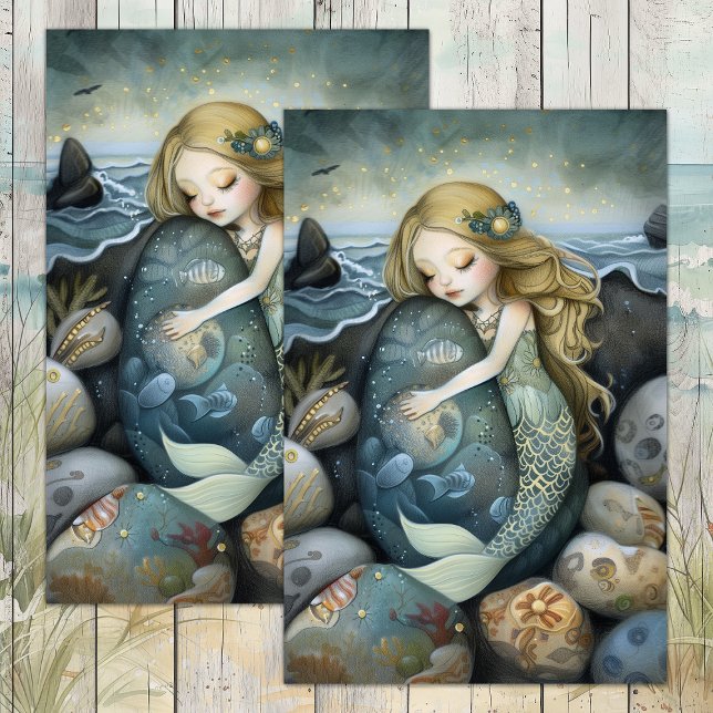 SEDA PAPEL DE TECIDO DE MADEIRA DE MADEIRA SONHADA (SLEEPY MERMAID GIRL DECOUPAGE TISSUE PAPER)