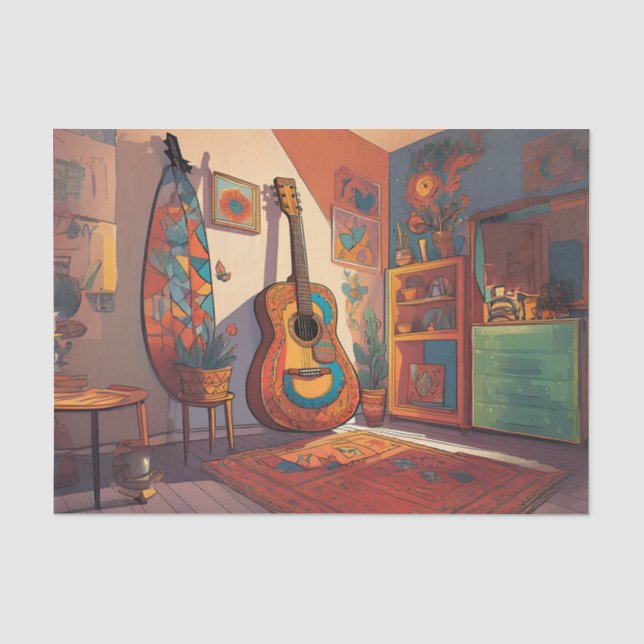 Seda Papel de Tecido Decoupage de Guitarra Boêmia (Frente )
