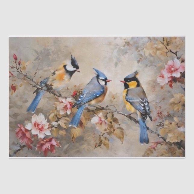Seda Papel de Tecido Decoupage de Pássaros e Galhos (Frente )