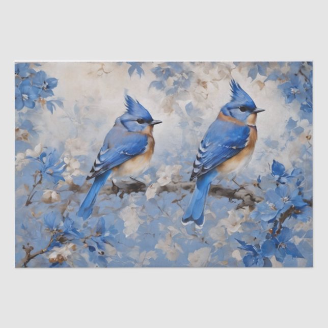 Seda Papel de Tecido Decoupage Pássaros Azuis e Flores (Frente )
