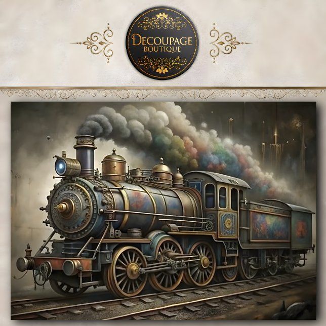 Seda Papel de Tecido Decoupage Trem a Vapor Steampunk (Steampunk Steam Train Decoupage Tissue Paper)