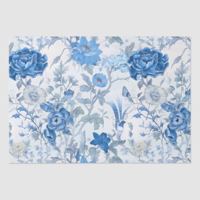 Seda Papel de Tecido Flor Selvagem de Chinoiserie Azul (Frente )