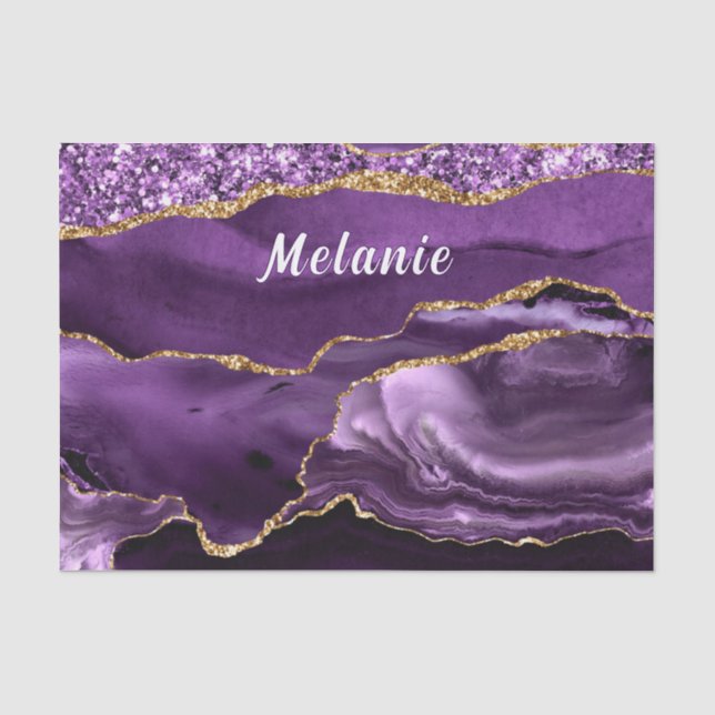 Seda Papel de Tecido Marble Dourado Roxo com Nome Perso (Frente )