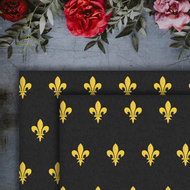 Seda Papel de tecido preto com flor de ouro de Lis (Gold Fleur de Lis Black Tissue Paper)