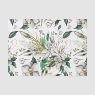 Seda Papel de Tecidos Magnolias Brancas e Fitas Verdes