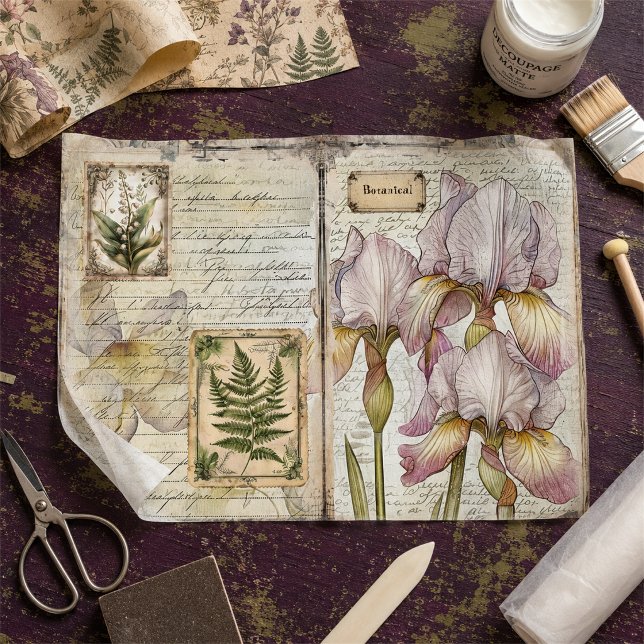 Seda Papel decoupage botânico de íris e samambaia vinta (Criador carregado)