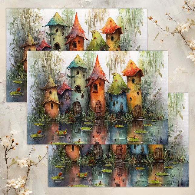 SEDA PAPEL DO TECIDO DE DECOUPAGEM DA ALDEIA DE FAIXA Q (WHIMSICAL FAIRY VILLAGE DECOUPAGE TISSUE PAPER)
