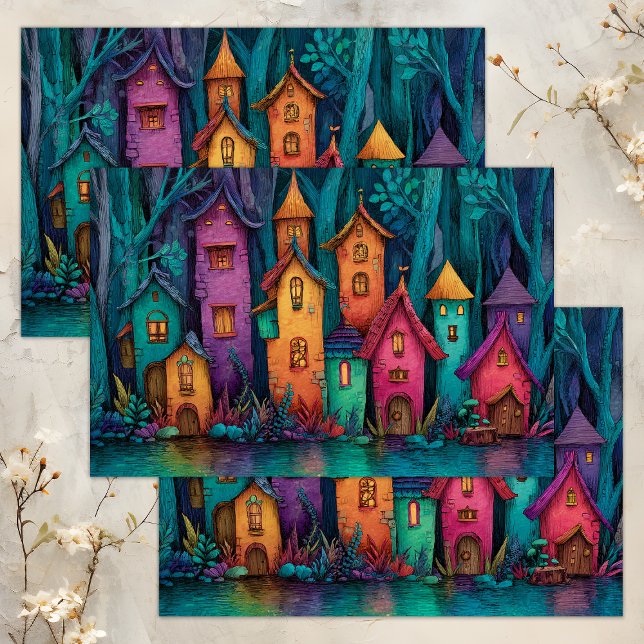 SEDA PAPEL DO TECIDO DE DECOUPAGEM DO COLORIDO FAIRY (COLORFUL FAIRY VILLAGE DECOUPAGE TISSUE PAPER)