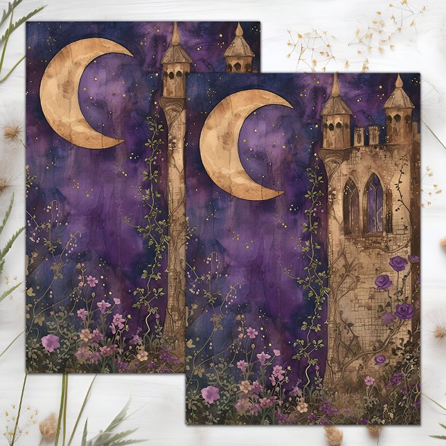 SEDA PAPEL DOS TECIDOS DE DECOPAGAÇÃO DE LUA E CASTELO (MOON AND CASTLE DECOUPAGE TISSUE PAPER)