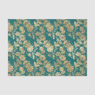 Seda Papel Floral Damasco em Folha de Ouro e Turquesa