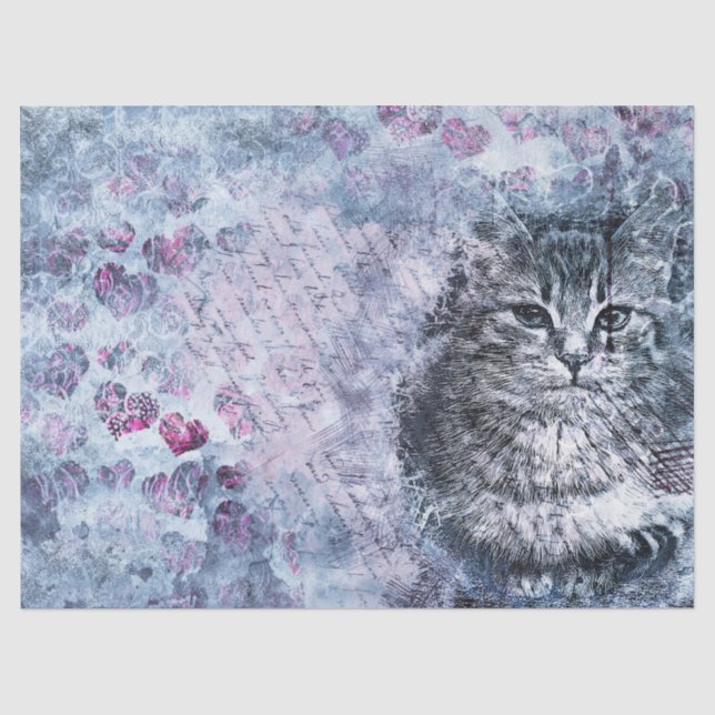 Seda Papel Tecido de Decoupage de Gato Azul Roxo (Frente )