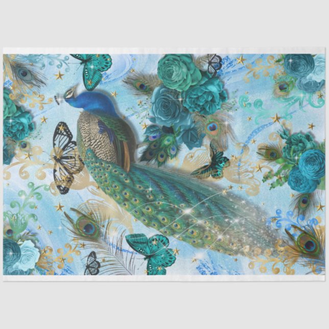 Seda Papel Tecido de Decoupage de Pavão Azul-Turquesa (Frente )