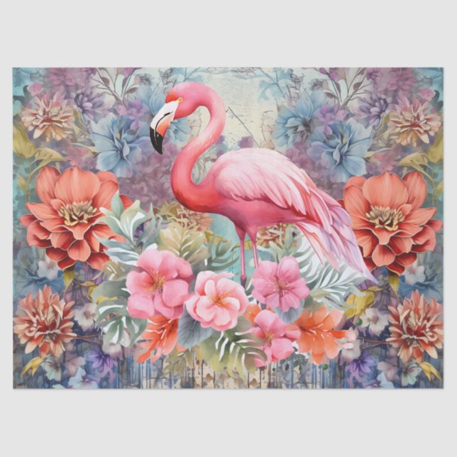 Seda Papel Tecido de Decoupage Flamingo Floral Boho Chi (Frente )