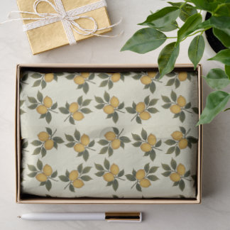 Seda Papel Tecido de Limão e Folhas Botânicas Vintage