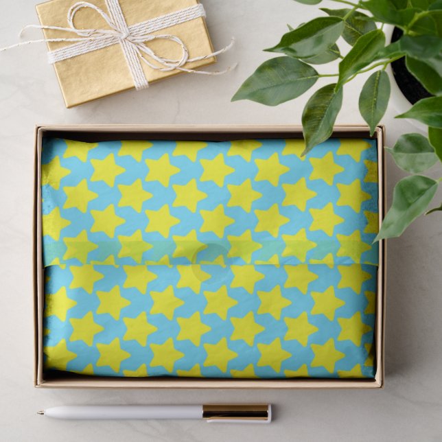 Seda Papel Tecido de Natal Azul com Estrelas Amarelas (Presente)