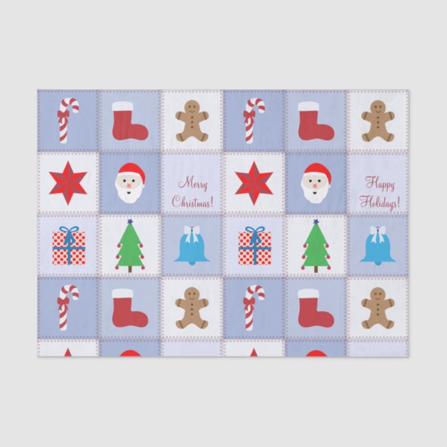 Seda Papel Tecido Padrão de Natal - Azul (Frente )