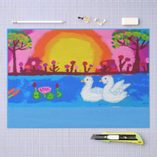 Seda Papel Tecido Paisagem de Cisnes