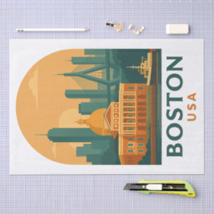 Seda Papel Tecido Vintage Boston – Arte de Viagem EUA R
