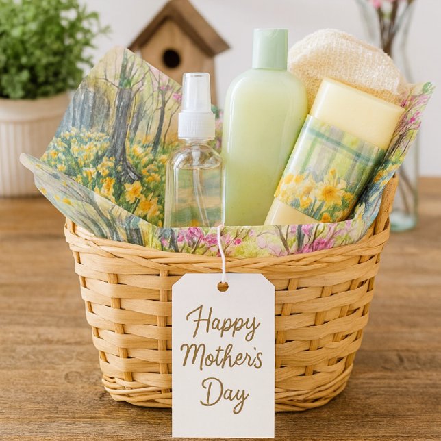 Seda Papel Tissue Aquarela de Prado de Narciso da Prima (Line gift baskets with spring floral tissue paper perfect for Mother's Day and seasonal charm.)