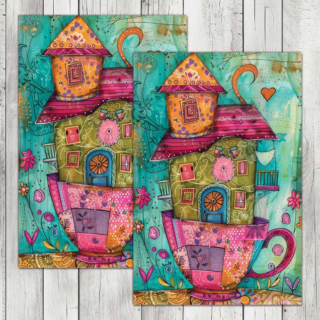 SEDA PAPEL TISSUÊ DECUPADO CASA DE XÍCARA DE CHÁ CAPRIC (WHIMSICAL TEA CUP HOUSE DECOUPAGE TISSUE PAPER)