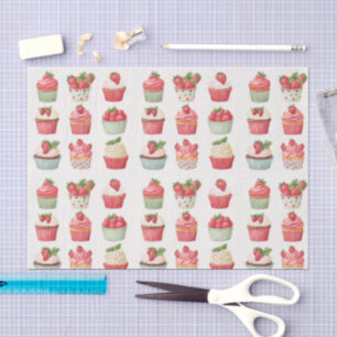 Seda Papel Tissue Estampado com Cupcakes de Morango Ros