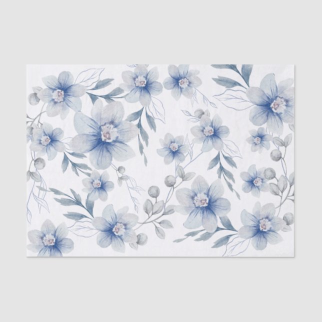 Seda Papel Tissue Flor de Aquarela Azul Cinza Pó (Frente )