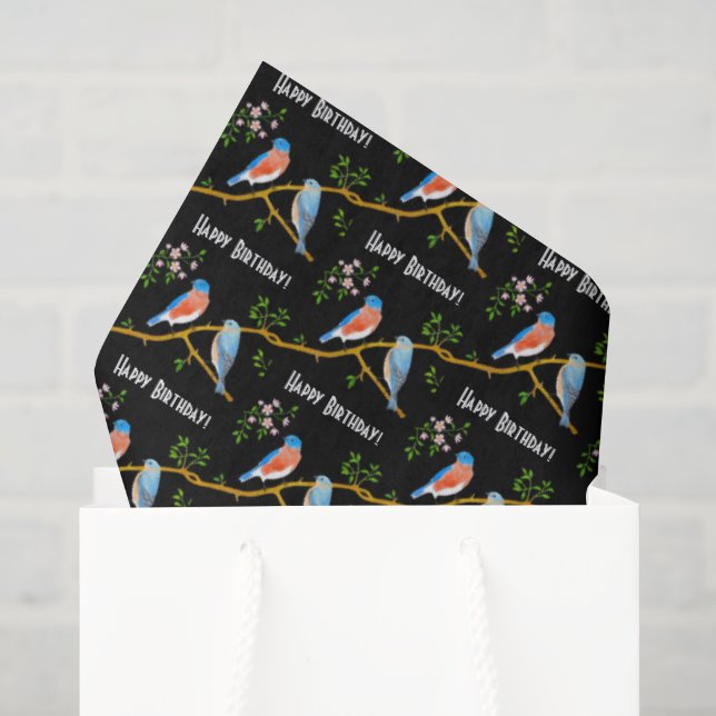 Seda Pássaros Azuis Folhas de Papel de Embrulho Preto (Sacola de presentes)