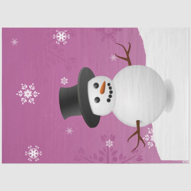 Seda Pink Snowman Winter Scene Papel para Tecidos de Na (Frente )