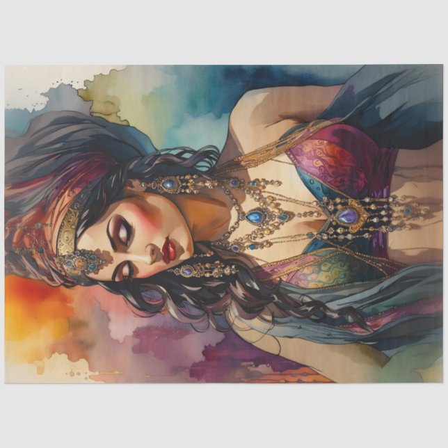 Seda Retrato de Mulher Cigana Boho em Papel Decoupage | (Frente )