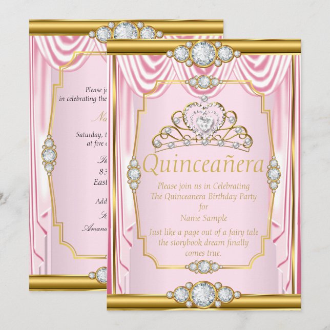 Seda Rosa Dourado Princesa Convite de Quinceanera  (Frente/Verso)