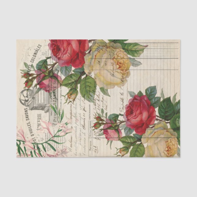 Seda Rosas e Papel Tecido de Decoupage de Ephemera Flor (Frente )