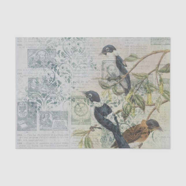 Seda Vintage Bird Ephemera - Papel Tecidual de Decoupag (Frente )