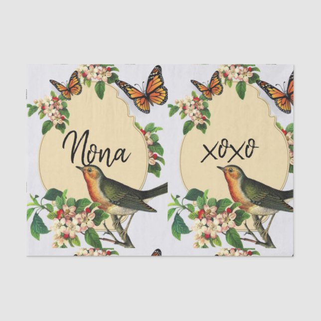 Seda Vintagem de Pássaros de Papel Tecido (Frente )