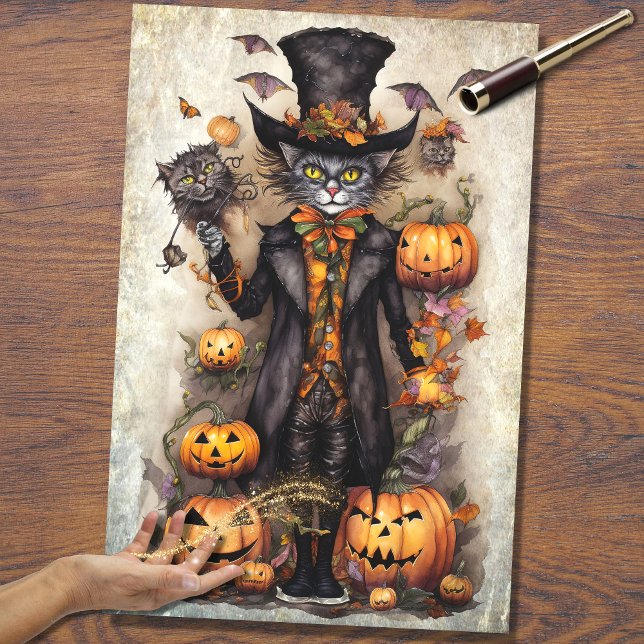 Seda Whimsical Spooky Cat 1 Papel de Decoupage de Hallo (Criador carregado)