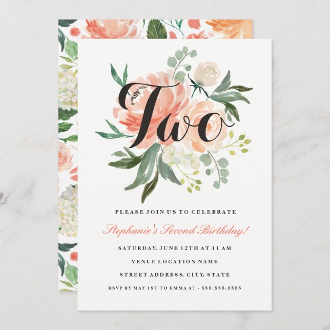 segundo aniversário Pink Floral Dois Convite (Frente/Verso)