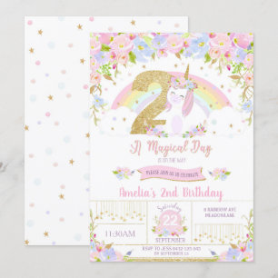 Segundo aniversário Unicorn Convite Floral Arco-Ír
